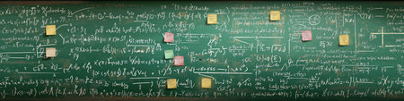 Chalkboard with intricate math formulas and scientific theories, showing an academic atmosphere....