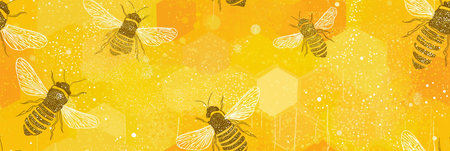 Busy flying bees on a golden yellow background with honeycomb and abstract textures. Flying bees creating seamless honey pattern backgroundの写真素材