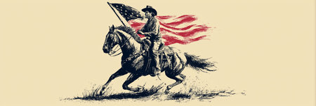 Cowboy riding a running horse, holding a Confederate flag in vintage screen print style. Cowboy riding horse holding Confederate Civil War flagの写真素材