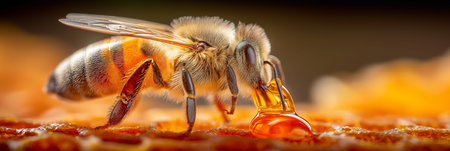 Honeybee collecting sweet liquid from golden honeycomb, demonstrating natural honey production....