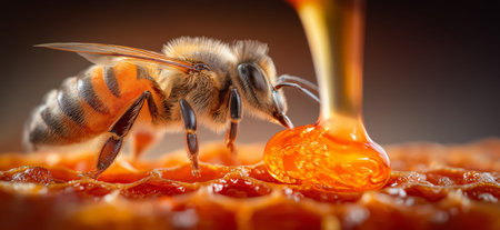Honeybee collecting sweet liquid from golden honeycomb, demonstrating natural honey production....