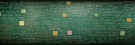 Chalkboard with intricate math formulas and scientific theories, showing an academic atmosphere....