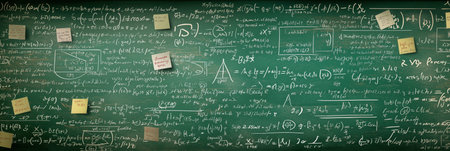 Chalkboard with intricate math formulas and scientific theories, showing an academic atmosphere....