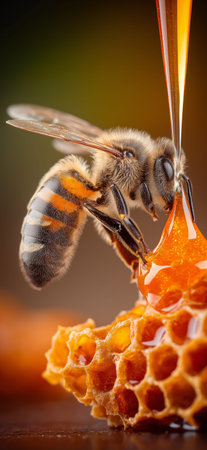 Honeybee collecting sweet liquid from golden honeycomb, demonstrating natural honey production....