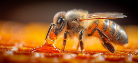 Honeybee collecting sweet liquid from golden honeycomb, demonstrating natural honey production....