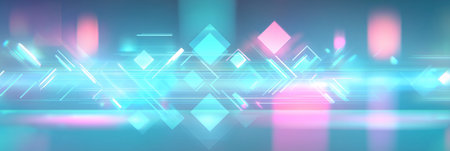 Digital interface with futuristic glowing arrows and geometric shapes in motion blur. Glowing neon arrows creating digital rhythm backgroundの写真素材