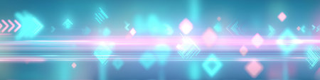 Digital interface with futuristic glowing arrows and geometric shapes in motion blur. Glowing neon...