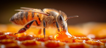 Honeybee collecting sweet liquid from golden honeycomb, demonstrating natural honey production. Honeybee collecting golden honey on natural wax honeycombの写真素材