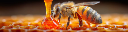 Honeybee collecting sweet liquid from golden honeycomb, demonstrating natural honey production. Honeybee collecting golden honey on natural wax honeycombの写真素材