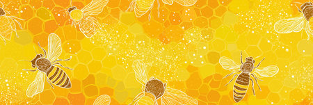 Busy flying bees on a golden yellow background with honeycomb and abstract textures. Flying bees creating seamless honey pattern backgroundの写真素材