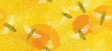 Busy flying bees on a golden yellow background with honeycomb and abstract textures. Flying bees creating seamless honey pattern backgroundの写真素材