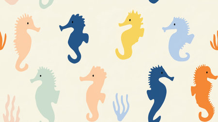 Playful seahorses forming a cute children's pastel colored seamless pattern on a white background. Colorful seahorses creating a playful ocean seamless patternの写真素材