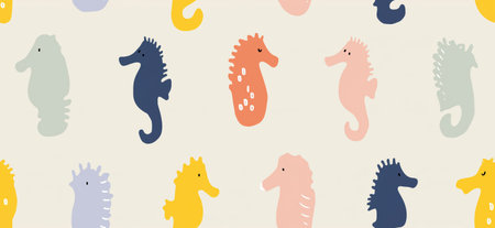 Playful seahorses forming a cute children's pastel colored seamless pattern on a white background. Colorful seahorses creating a playful ocean seamless patternの写真素材