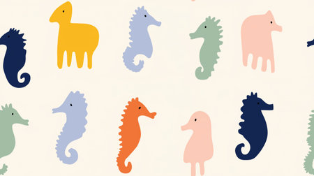 Playful seahorses forming a cute children's pastel colored seamless pattern on a white background. Colorful seahorses creating a playful ocean seamless patternの写真素材