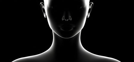 Human head silhouette with bright outline against a dark background representing identity and mystery. Human head silhouette creating anonymity conceptの写真素材