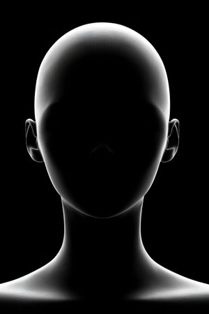 Human head silhouette with bright outline against a dark background representing identity and mystery. Human head silhouette creating anonymity conceptの写真素材
