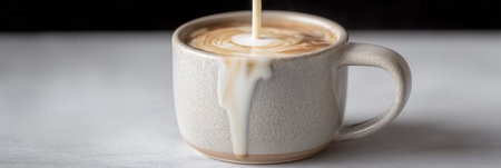 Creamy dairy milk pouring from a pitcher into a ceramic mug on a gray table. Milk pouring from pitcher into ceramic mugの写真素材