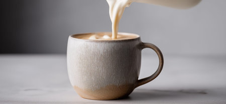 Creamy dairy milk pouring from a pitcher into a ceramic mug on a gray table. Milk pouring from pitcher into ceramic mugの写真素材