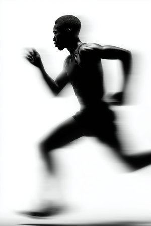 Athlete sprinting forward, creating dynamic motion blur. Runner moving with speed and motion blur on...