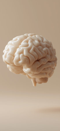 Monochromatic brain floating isolated on a minimalist beige background, representing intelligence and thought. Monochromatic human brain model floating beige backgroundの写真素材