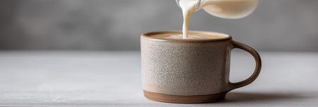 Creamy dairy milk pouring from a pitcher into a ceramic mug on a gray table. Milk pouring from pitcher into ceramic mugの写真素材