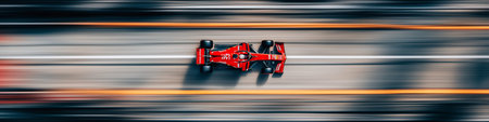 Racing car creating motion blur effect on a track, viewed from above. Red racing car speeding on a blurred trackの写真素材