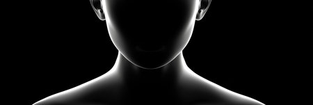Human head silhouette with bright outline against a dark background representing identity and mystery. Human head silhouette creating anonymity conceptの写真素材