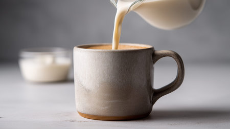 Creamy dairy milk pouring from a pitcher into a ceramic mug on a gray table. Milk pouring from pitcher into ceramic mugの写真素材
