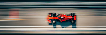 Racing car creating motion blur effect on a track, viewed from above. Red racing car speeding on a blurred trackの写真素材