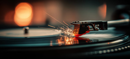 Turntable needle creating sparks while playing a spinning vinyl record, capturing music and energy. Turntable needle creating sparks on spinning vinyl recordの写真素材
