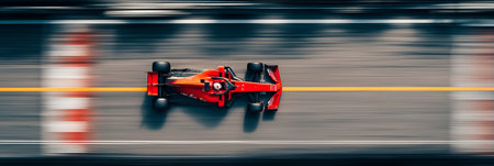 Racing car creating motion blur effect on a track, viewed from above. Red racing car speeding on a blurred trackの写真素材