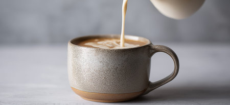 Creamy dairy milk pouring from a pitcher into a ceramic mug on a gray table. Milk pouring from pitcher into ceramic mugの写真素材