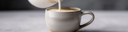 Creamy dairy milk pouring from a pitcher into a ceramic mug on a gray table. Milk pouring from pitcher into ceramic mugの写真素材