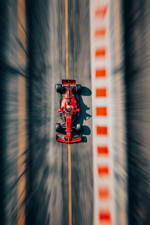 Racing car creating motion blur effect on a track, viewed from above. Red racing car speeding on a blurred trackの写真素材