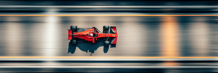 Racing car creating motion blur effect on a track, viewed from above. Red racing car speeding on a blurred trackの写真素材