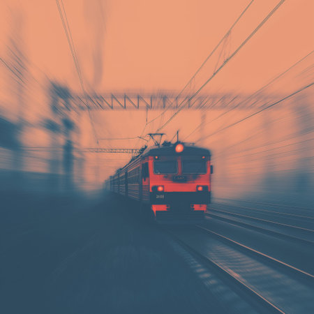 Train moving quickly on railway tracks, creating a strong motion blur effect at sunset. Train moving fast on railway tracks at sunsetの写真素材