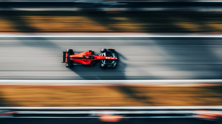 Racing car creating motion blur effect on a track, viewed from above. Red racing car speeding on a blurred trackの写真素材