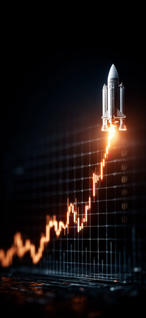 Rocket launching from an upward-trending candlestick chart symbolizing rapid financial growth....