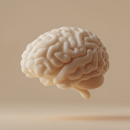 Monochromatic brain floating isolated on a minimalist beige background, representing intelligence and thought. Monochromatic human brain model floating beige backgroundの写真素材