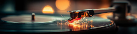 Turntable needle creating sparks while playing a spinning vinyl record, capturing music and energy. Turntable needle creating sparks on spinning vinyl recordの写真素材