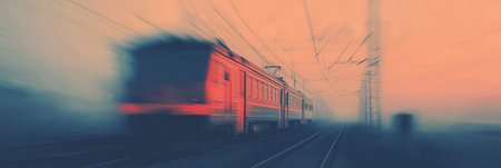 Train moving quickly on railway tracks, creating a strong motion blur effect at sunset. Train moving fast on railway tracks at sunsetの写真素材