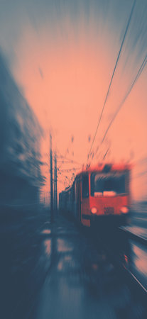 Train moving quickly on railway tracks, creating a strong motion blur effect at sunset. Train moving fast on railway tracks at sunsetの写真素材