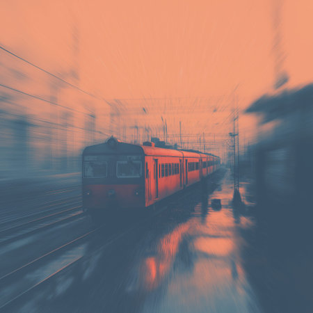 Train moving quickly on railway tracks, creating a strong motion blur effect at sunset. Train moving fast on railway tracks at sunsetの写真素材