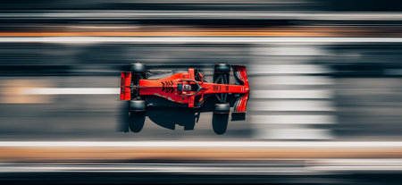 Racing car creating motion blur effect on a track, viewed from above. Red racing car speeding on a...