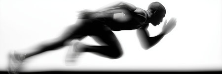 Athlete sprinting forward, creating dynamic motion blur. Runner moving with speed and motion blur on white backgroundの写真素材