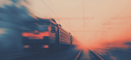 Train moving quickly on railway tracks, creating a strong motion blur effect at sunset. Train moving fast on railway tracks at sunsetの写真素材