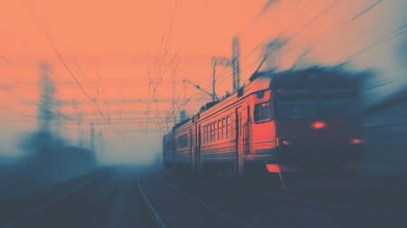 Train moving quickly on railway tracks, creating a strong motion blur effect at sunset. Train moving fast on railway tracks at sunsetの写真素材