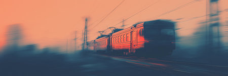 Train moving quickly on railway tracks, creating a strong motion blur effect at sunset. Train moving fast on railway tracks at sunsetの写真素材