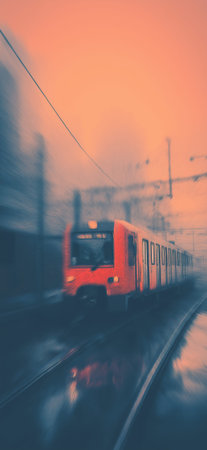 Train moving quickly on railway tracks, creating a strong motion blur effect at sunset. Train moving fast on railway tracks at sunsetの写真素材