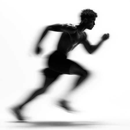 Athlete sprinting forward, creating dynamic motion blur. Runner moving with speed and motion blur on white backgroundの写真素材